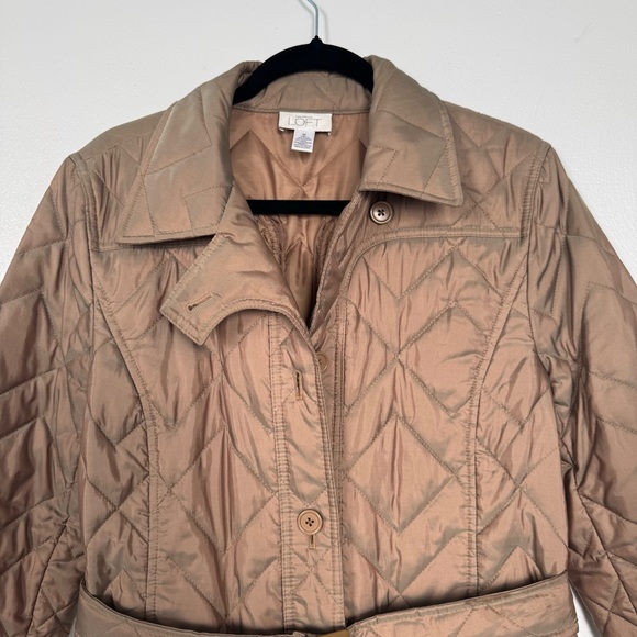 Loft Ann Taylor Quilted Trench Coat Women Medium Tan Gold Belted Button Outdoor - Picture 2 of 10